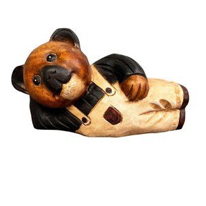 Vintage Carved Wooden Bear Figure Decoration Laying Overalls Nursery Northwoods